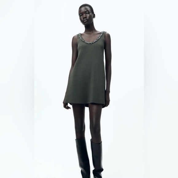Zara Dresses & Skirts - NWT Zara Charcoal Gray Embellished Knit Mini Dress Beaded Neckline Size Small